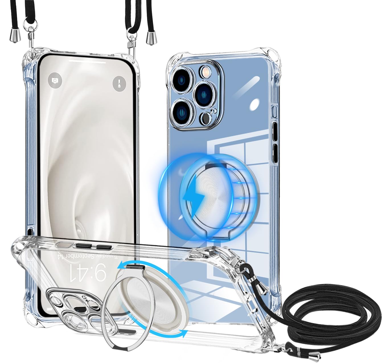 iPhone 13 Pro Max 用 ケース クリア MagSafe対応 リング スタンド 360度回転できる ワイヤレス充電 ネック ショルダー iPhone 13 Pro Max カバー 肩掛け 首掛け 斜めがけ 紐付き 韓国 耐衝撃 米軍MIL規格取得 スタンド機能 縦横両対応 落下防止 透明 TPU 薄型 軽量 黄変なし車載対応 アイフォン 13 Pro Max スマホケース