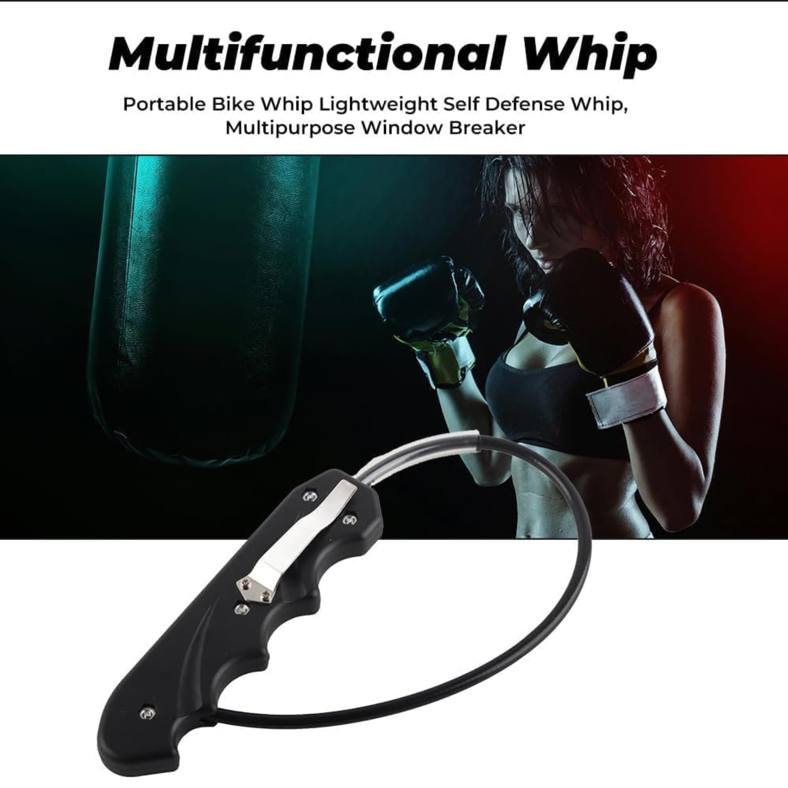 DEWIN Látigo portátil, látigo de autodefensa de 16,7 pulgadas, látigo de motocicleta, ligero, multiusos, negro con mango de ABS y cuerda de acero inoxidable para combate, seguridad del coche personal