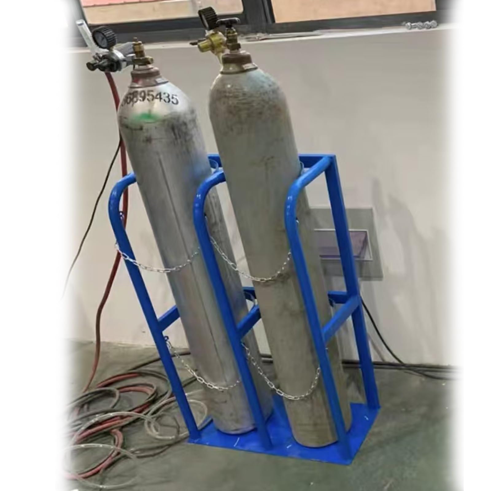 GLJTUO Heavy-Duty Oxygen Tank Stand & Propane Rack - Durable Gas Cylinder Holder with Safety Chain for Welding & Nitrogen Tanks, 85cm Propane Storage Frame,4-Length 60cm