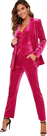 Womens Velvet Pant Suit Double Breasted Business Tuxedos Suit Women Formal 3 Piece Blazer Set Fuchsia 12
