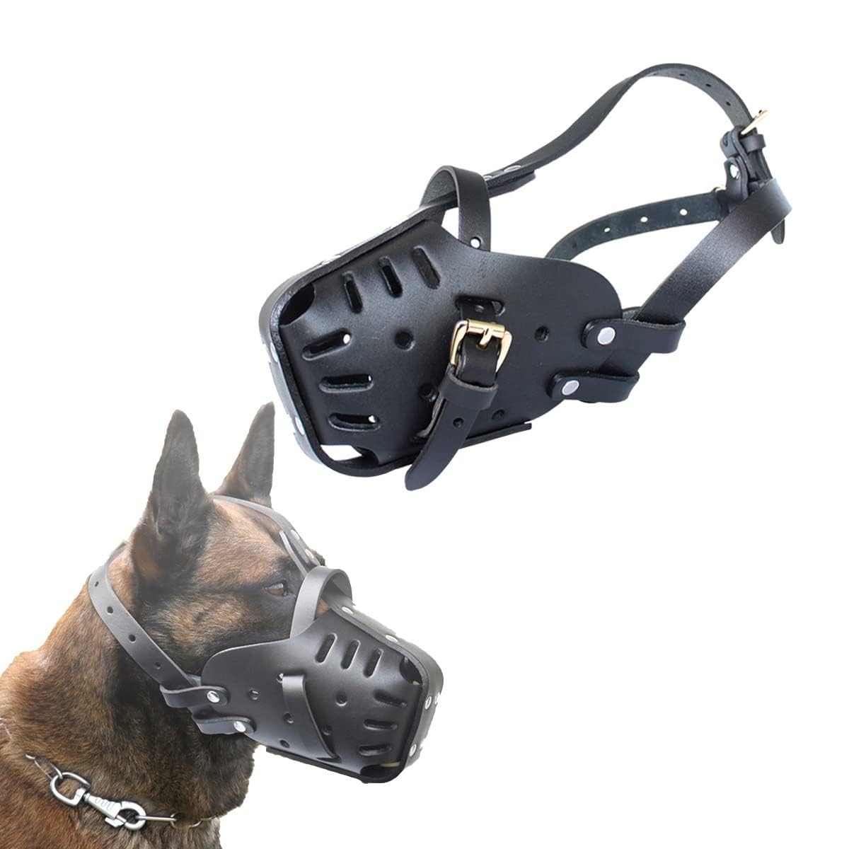 Bozal para Perros para Pastor Alemán Malinois, Protector Bucal de Cuero para Perros para Morder, Masticar, Acicalamiento, para Perros Medianos y Grandes, Negro - 35 * 50 cm
