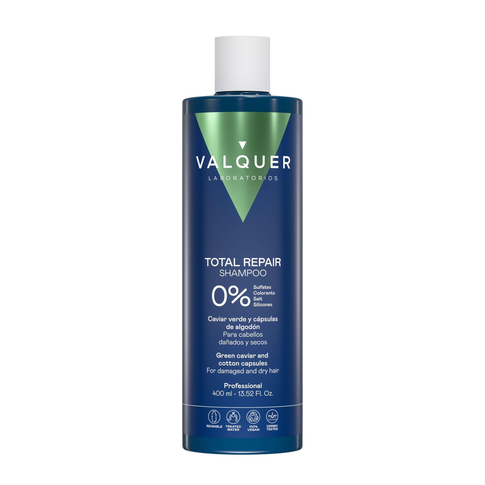 VALQUER Champú Total Repair Zero | Reparador Intensivo para Cabello Dañado y Seco | Hidratación Profunda, Suavidad y Brillo con Caviar Verde y Cápsulas de Algodón | Vegano | 400 ml
