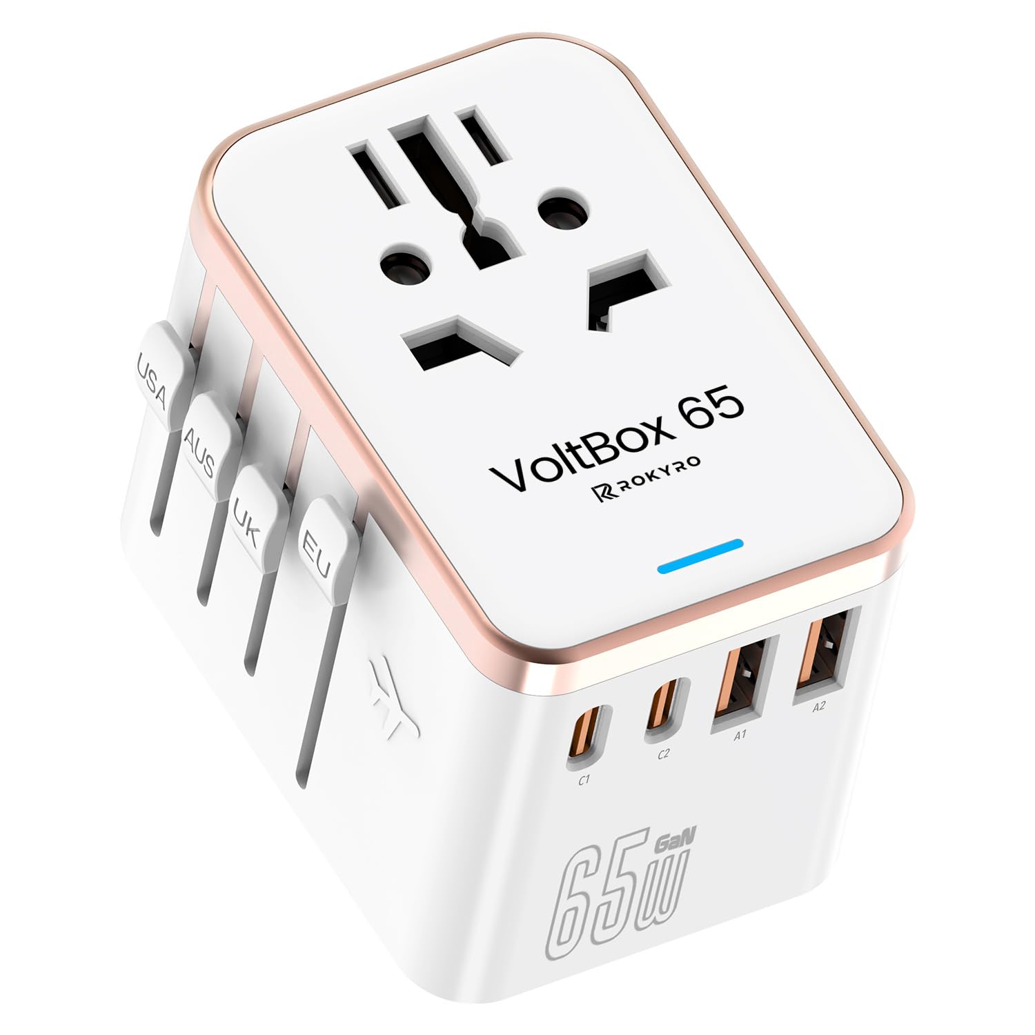 Cargador y Adaptador de Viaje Universal 65W. Carga rápida en 2 Puertos simultáneamente, PD (Power Delivery), tecnología GAN, compatibilidad Global EU/UK/US/AU.