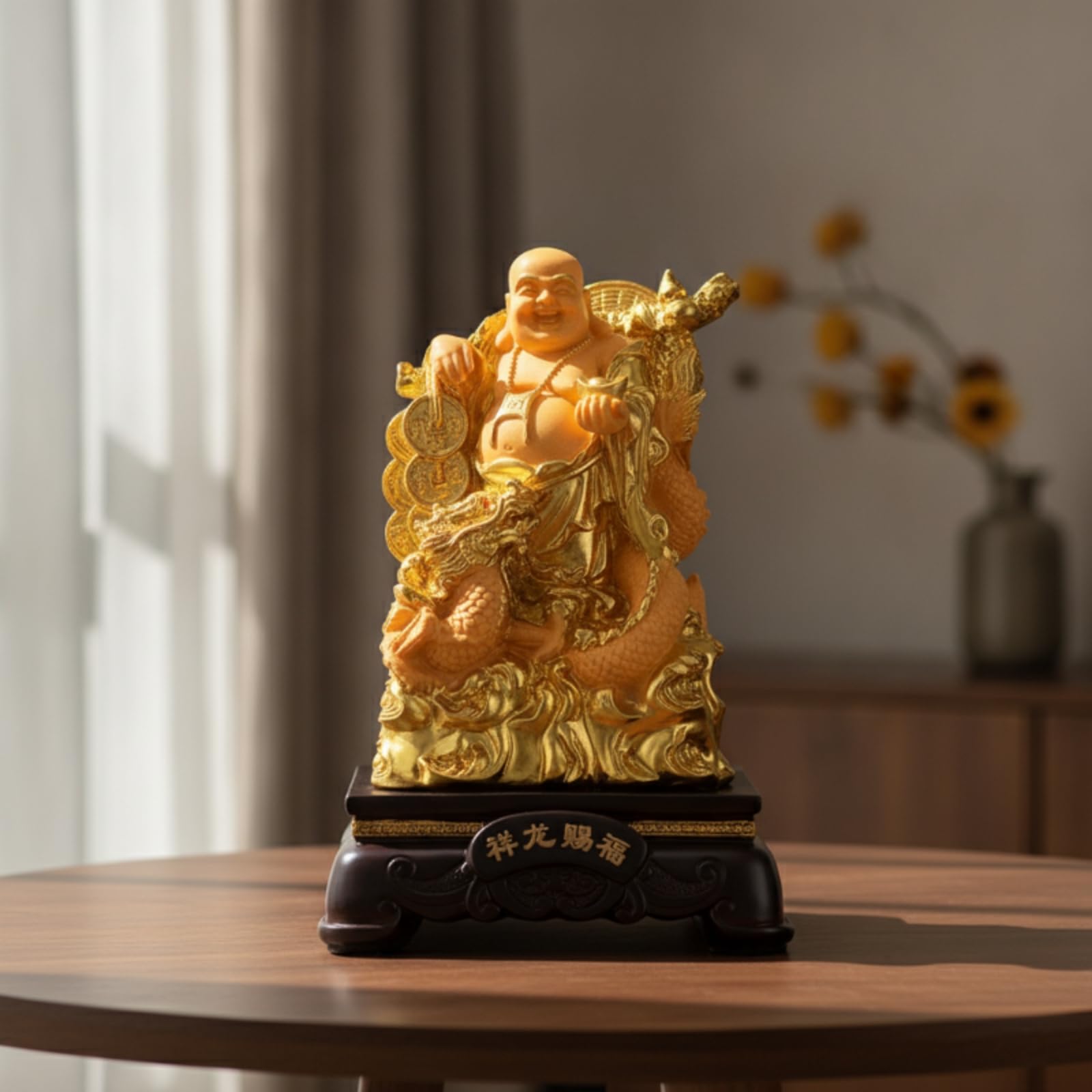 Buddha Statue Buddha Figur Buddha Skulptur Dekofiguren mit Schildkröte aus Harz in Goldoptik Symbol für Reichtum Und für Büro Zuhause, 24 Zoll, Glücksdrache Buddha Panlong Buddha, Sandgold