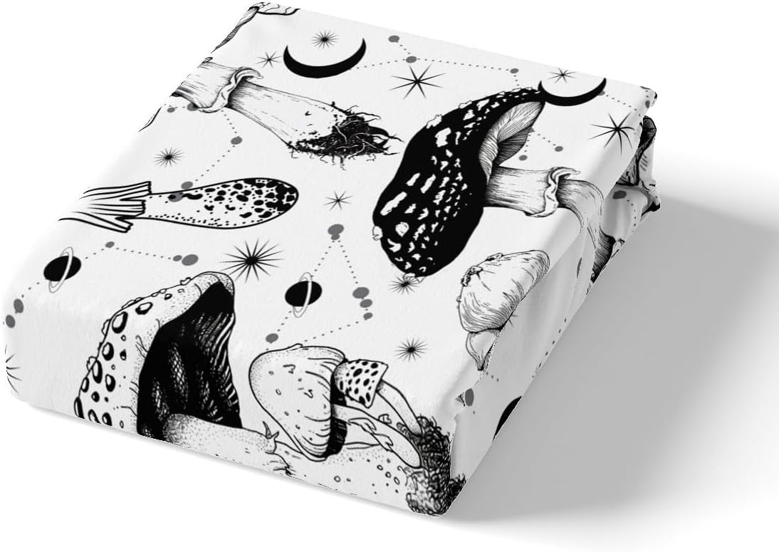 Wild Mushroom Bed Sheet Set Full Size,Abstract Sun Moon Starry Bedding Set Gothic Plants Fitted Sheet for Kids Boys Teens Room Decor,Black White Sketch Style Bed Cover with 2 Pillowcases