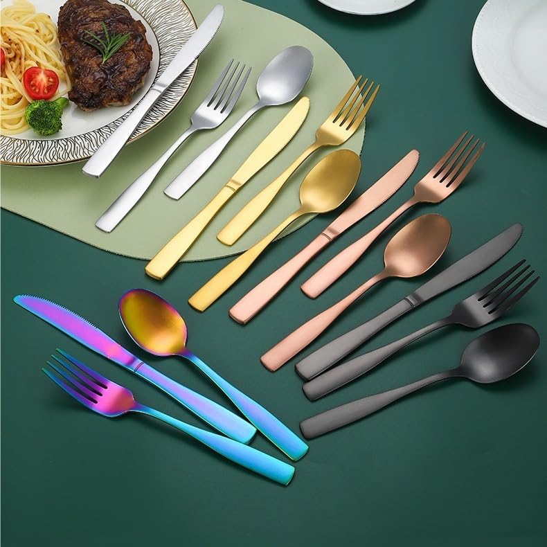 Silverware Flatware Set, 5/20/30/40/50/60pcs Stainless Steel Square Handle Cutlery Steak Knife Household Kitchen Cutlery Knife Fork Spoon(Gold,20 Pieces for 4)