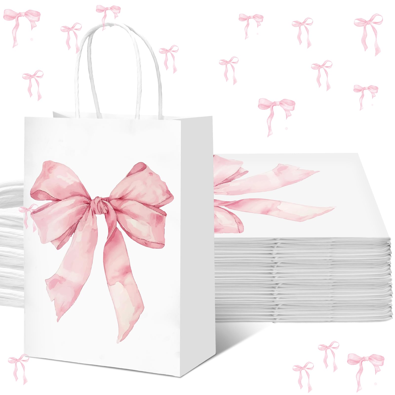 Kolldenn 16 Pcs Coquette Pink Bow Paper Gift Bags Women Mother's Day Birthday Favor Goodie Candy Bags with Handles for Bridal Engagement Baby Shower Party Supplies