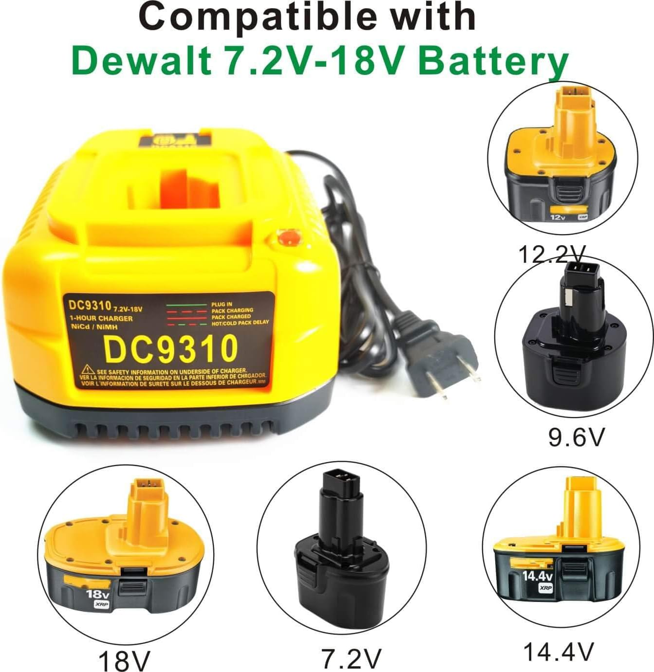 Replacement for Dewalt 18V DC9310 for 7.2V-18V NiCad NiMh Battery Charger DC9096 DC9098 DC9099 DW9099 DW9057 DW9072 DW9094 DC9091 DC9071 DW9062 DW9091