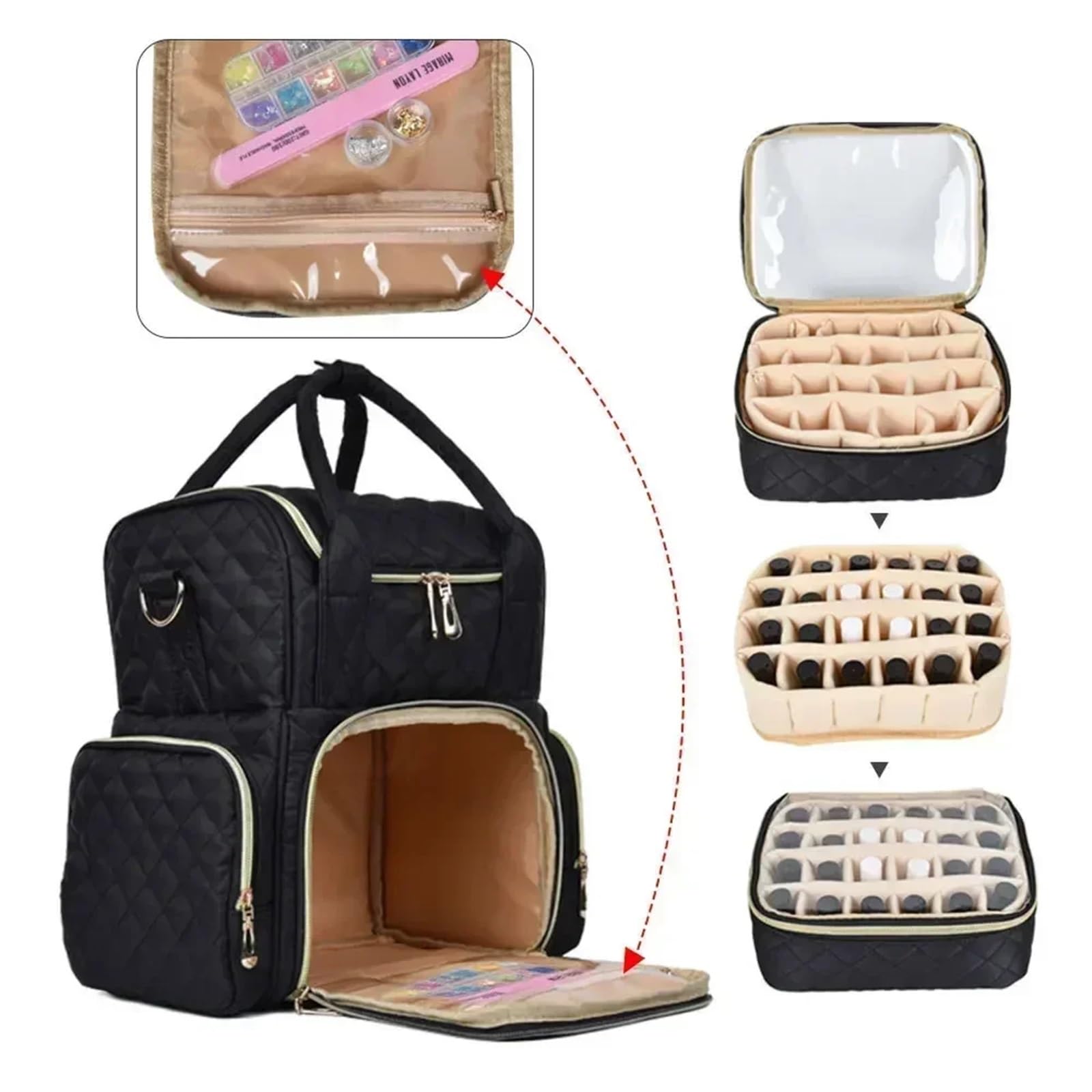Nagellack Aufbewahrung Nagellack-Organizer-Tasche for 48 Flaschen, Nagelkunst-Aufbewahrungskoffer for Taschen, Kosmetik-Handtaschen-Organizer, Reise-Nagellack-Etui(Pink)