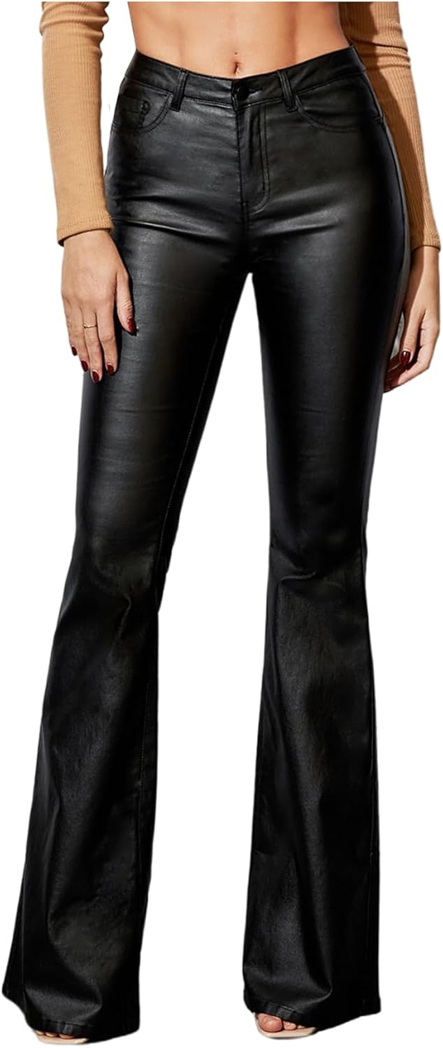 Floerns Women's Faux Leather Bell Bottoms Low Rise Skinny Flare Pants with Pockets