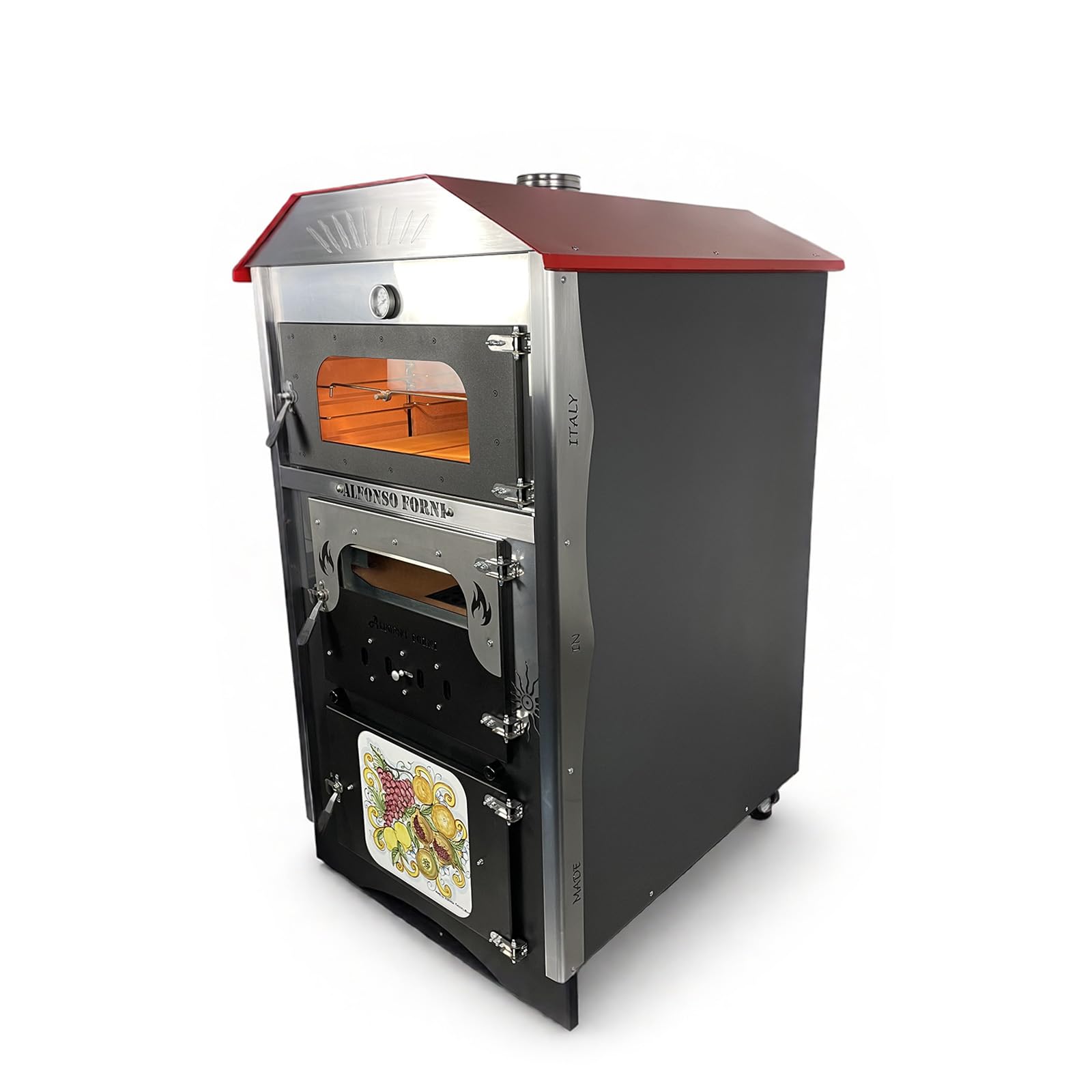 Forno a Legna Fuoco Indiretto Portatile In Acciaio Da Esterno Ventilato+Girarrosto In Mattoni Refrattari 3 Piani Cottura Pizza Pane Pollo Kebab Pesce Luxor-V2-Plus Top