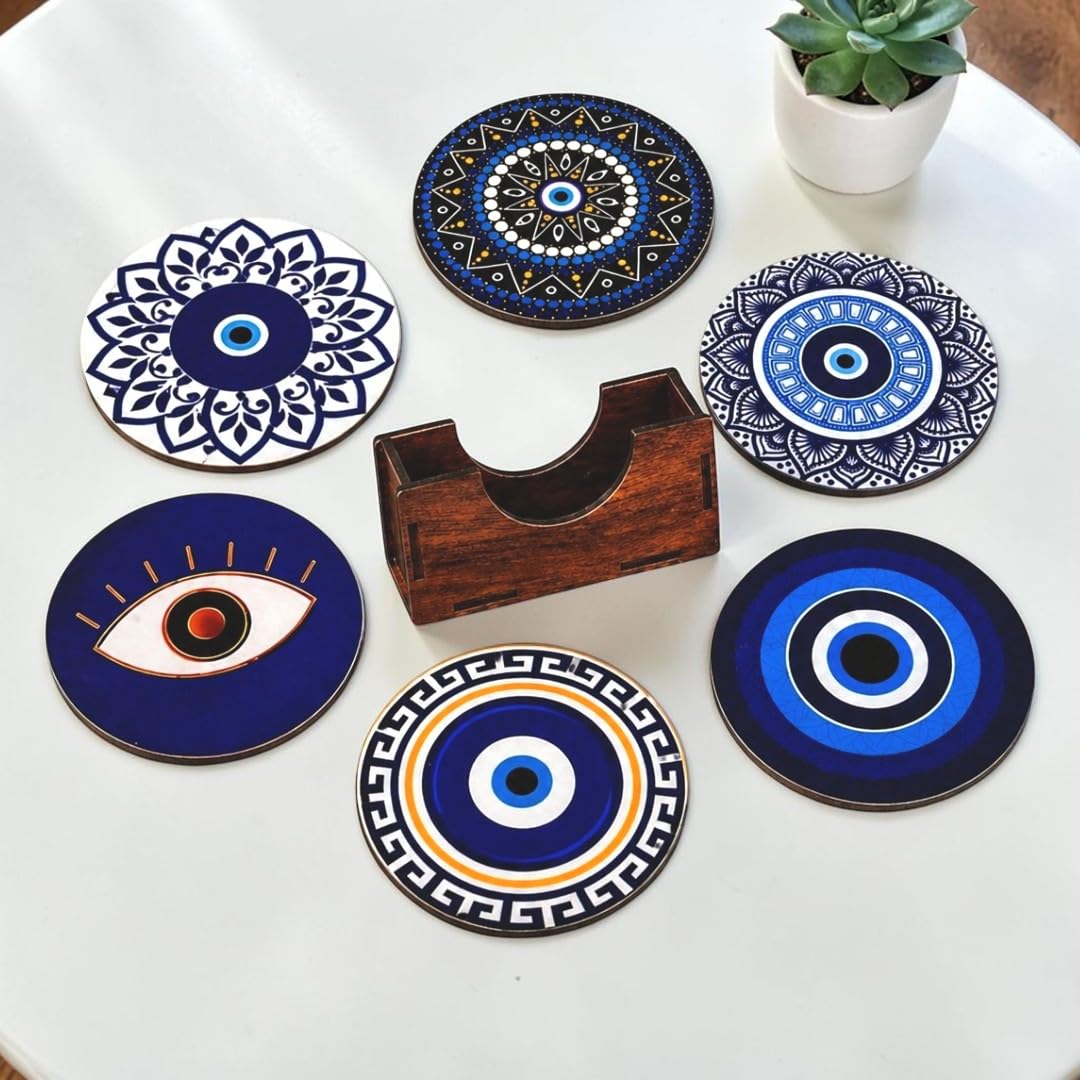 Woodiography Evil Eye Decorative Coasters, Set of 6 with Stand, 3.5 mm Round, Blue and Gold Design, for Hot and Cold Beverages-image-38