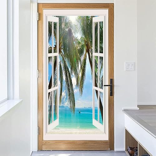 Miniatura 3 de Película adhesiva tropical para ventana, ventana a la exótica playa, paisaje, composición pastoral con palmeras, para bloqueo UV, control de calor,