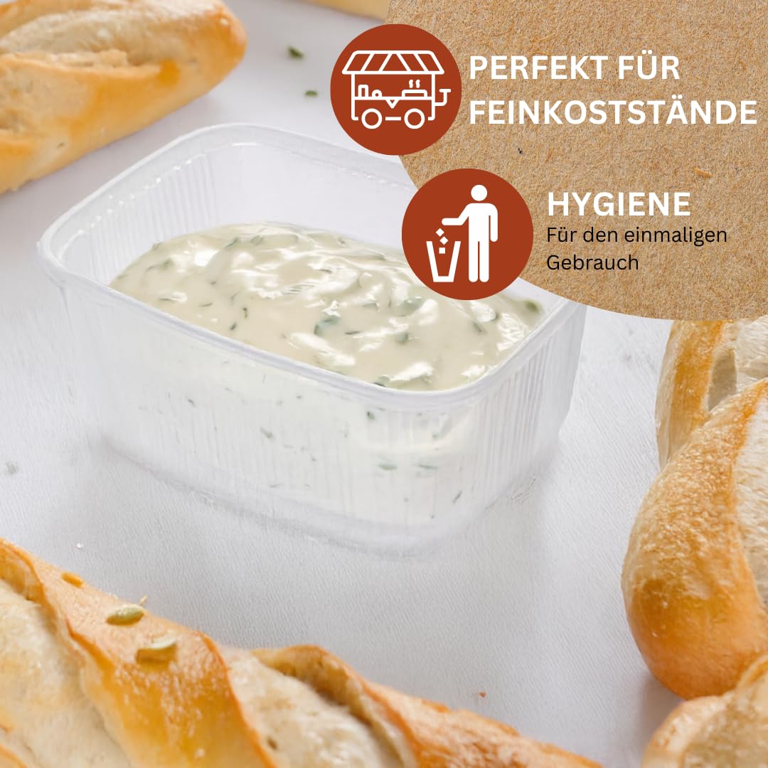 Enpack 250 Stück Feinkostbecher mit Deckel 250 ml - Transparente, eckige Einwegschalen (PP) 11,4x8,69x5,1 cm - Frischhaltedosen, Salatbox, Snackbox, Dipschalen & Einwegbecher - luftdichte Vorratsdosen