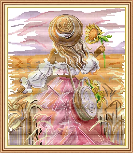 Image of CaptainCrafts New Cross Stitch Kits Embroidery Kit Full Range Pre-Printed and Counted Fabrics Kits for Adults Beginners Home Decor (White Cloth Unpreprint 14CT, Sunflower Girl)