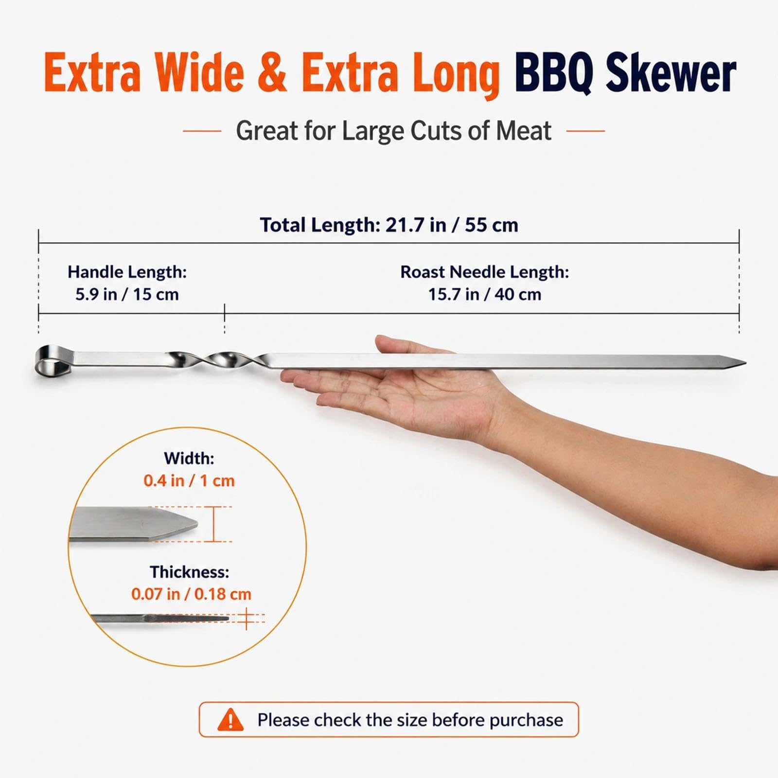 IMEEA Brochetas de acero inoxidable extra largas, 55 cm de ancho, hoja plana, de metal, para barbacoa, barbacoa, brochetas anchas, reutilizables para parrilla, juego de 6