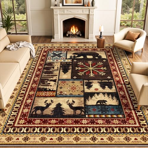 LOKHOM Area Rugs 8x10 for Living Room, Washable Western Rug Buffalo Bear Decor Vintage Distress, Soft Non-Slip Low Pile Rustic Bear Area Carpet Large for Bedroom Office Dining Room