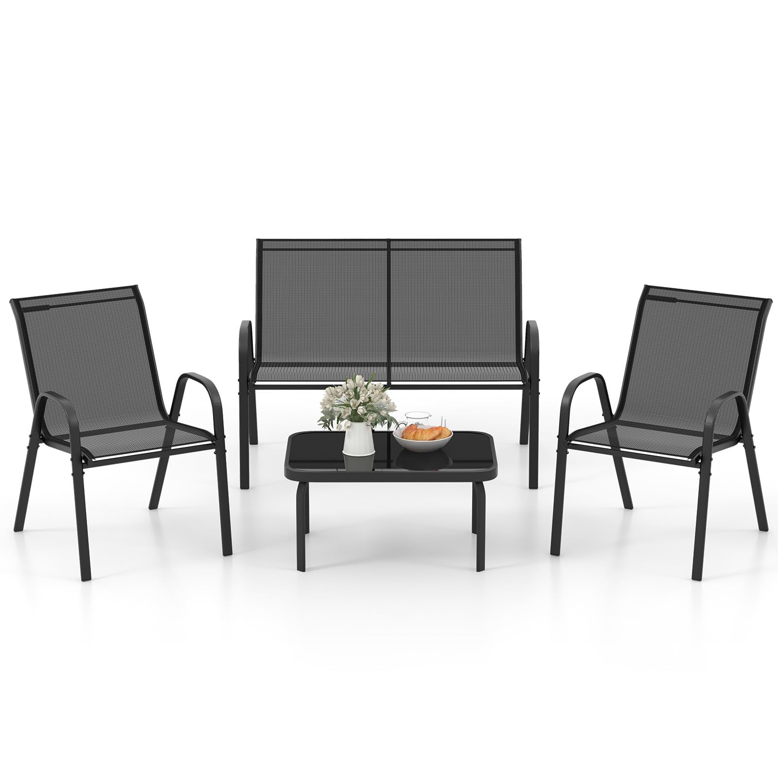 GOPLUS Salon de Jardin 4 Personnes Exterieur, 4 Pcs Canapé Exterieur avec Table Basse en Verre Trempée, 2 Fauteuils, Ensemble de Bistrot pour Terrasse,Balcon (Noir)