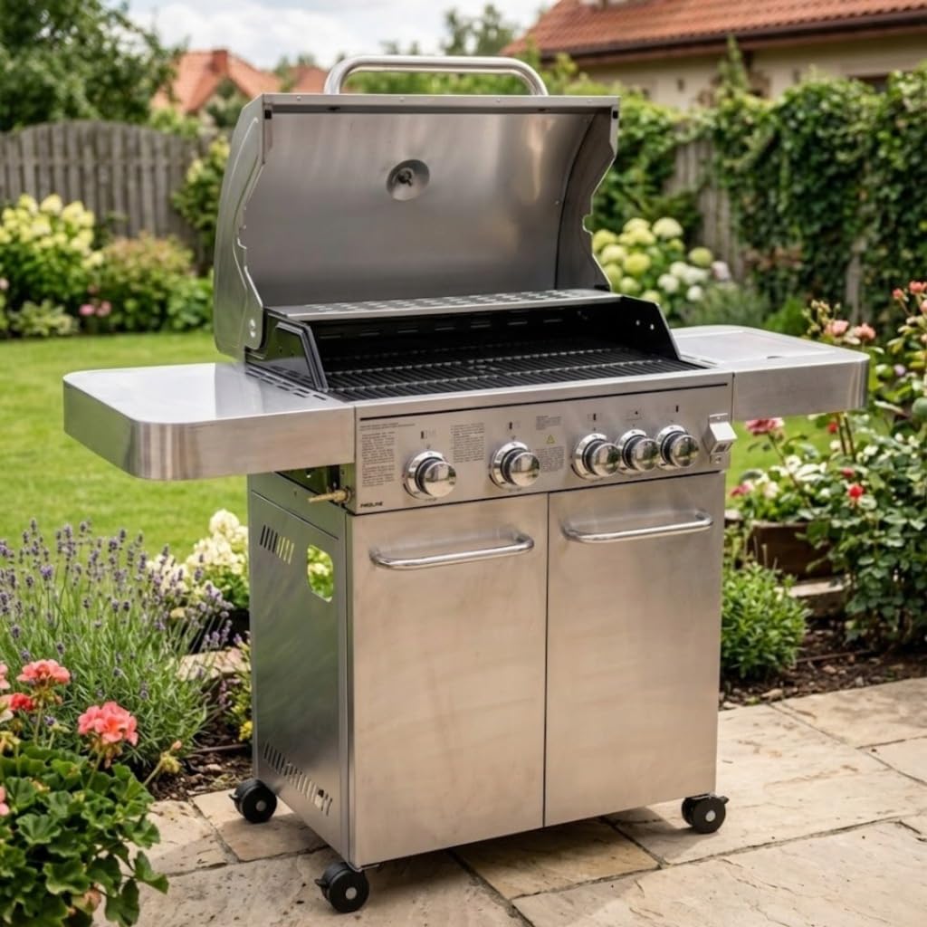 PROLINE Grill Gazowy Nierdzewny 4+1 17,15 kW – Grill Ogrodowy Premium z Rusztem Żeliwnym, Palnikiem Bocznym, Termometrem, Szafką na Butlę 11 kg, 74×44 cm, 48 kg, Zapłon Elektroniczny