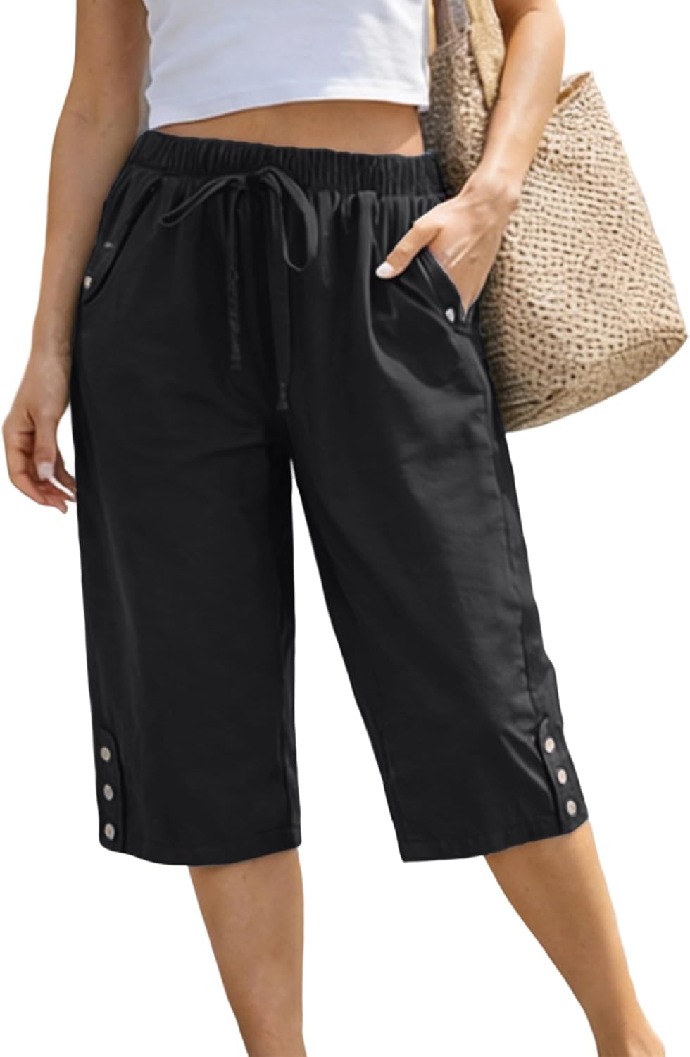 WROLEM Women Pocket Pants Lightweight Wide Leg Drawstring Elastic Waist Lounge Cropped Pants