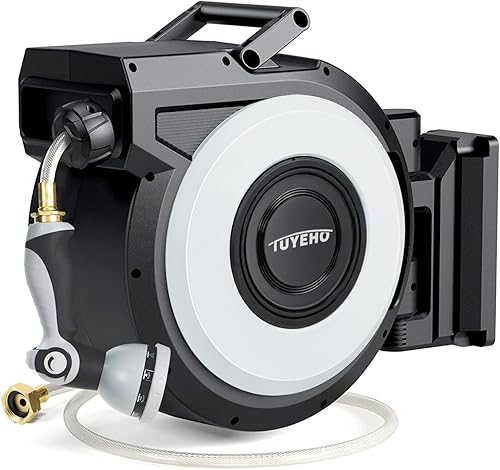 Carrete de manguera de jardín retráctil de 58 pulgadas x 85 pies, carretes de manguera de agua de montaje en pared con sistema automático de