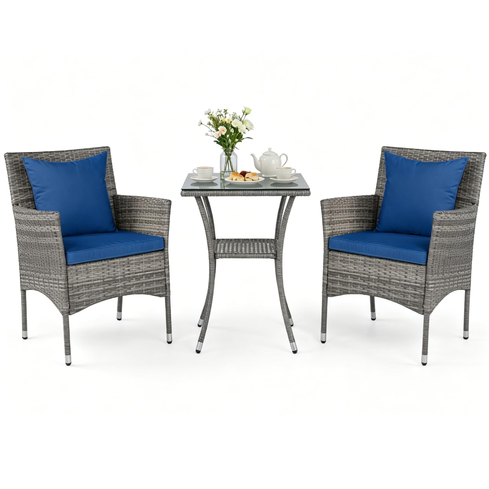 TANGZON 3 Pieces Rattan Patio Bistro Set, 2 Tier Glass-Top Outdoor Dining Table and 2 Garden Armchairs with Removable Cushions, Wicker Garden Furniture Set for Balcony Backyard (Navy+Mix Grey)