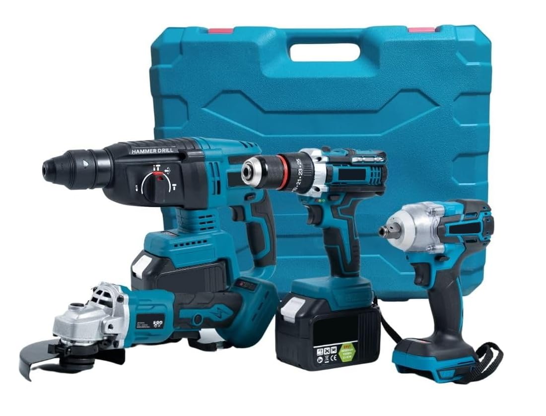 GrecoShop Kit Utensili a Batteria 4 in 1: Trapano Avvitatore a Percussione, Smerigliatrice Flex Angolare, Martello Tassellatore SDS-PLUS, Avvitatore Svita Bulloni Svitabulloni Impulsi + 2 Batterie