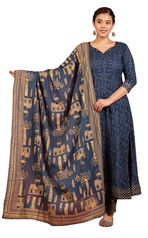 aramya Viscose Blue Anarkali Gold foil Print Festival Wear Kurta Set with Dupatta for Women | Available in Plus Sizes, M to 10XL-picture-20