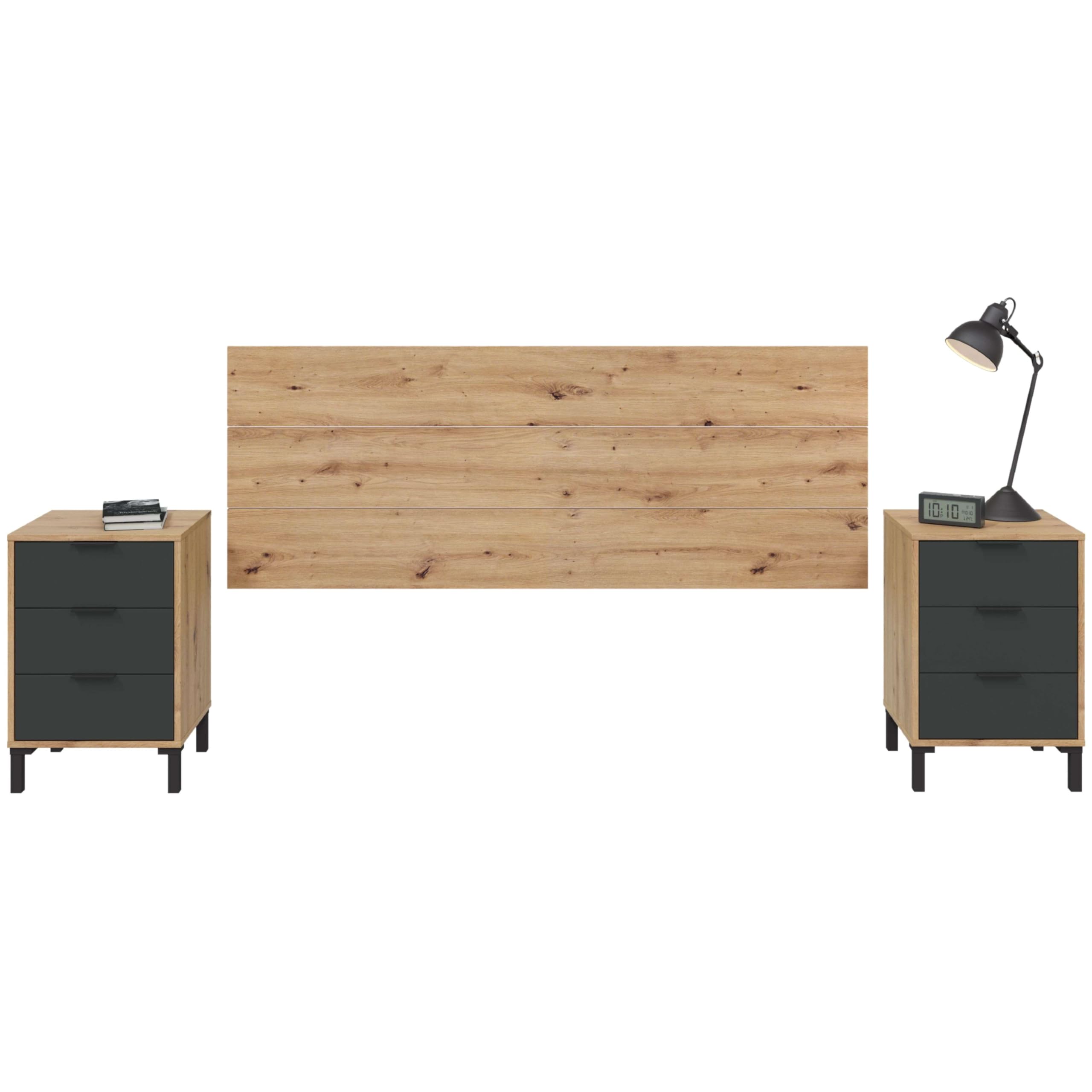 Testina + 2 comodini di notte, testiera per letto matrimoniale, modello Enzo, finitura in rovere Nodi e grigio antracite, Dimensioni: 160 cm (larghezza) x 60 cm (altezza) x 2,5 cm (profondità)