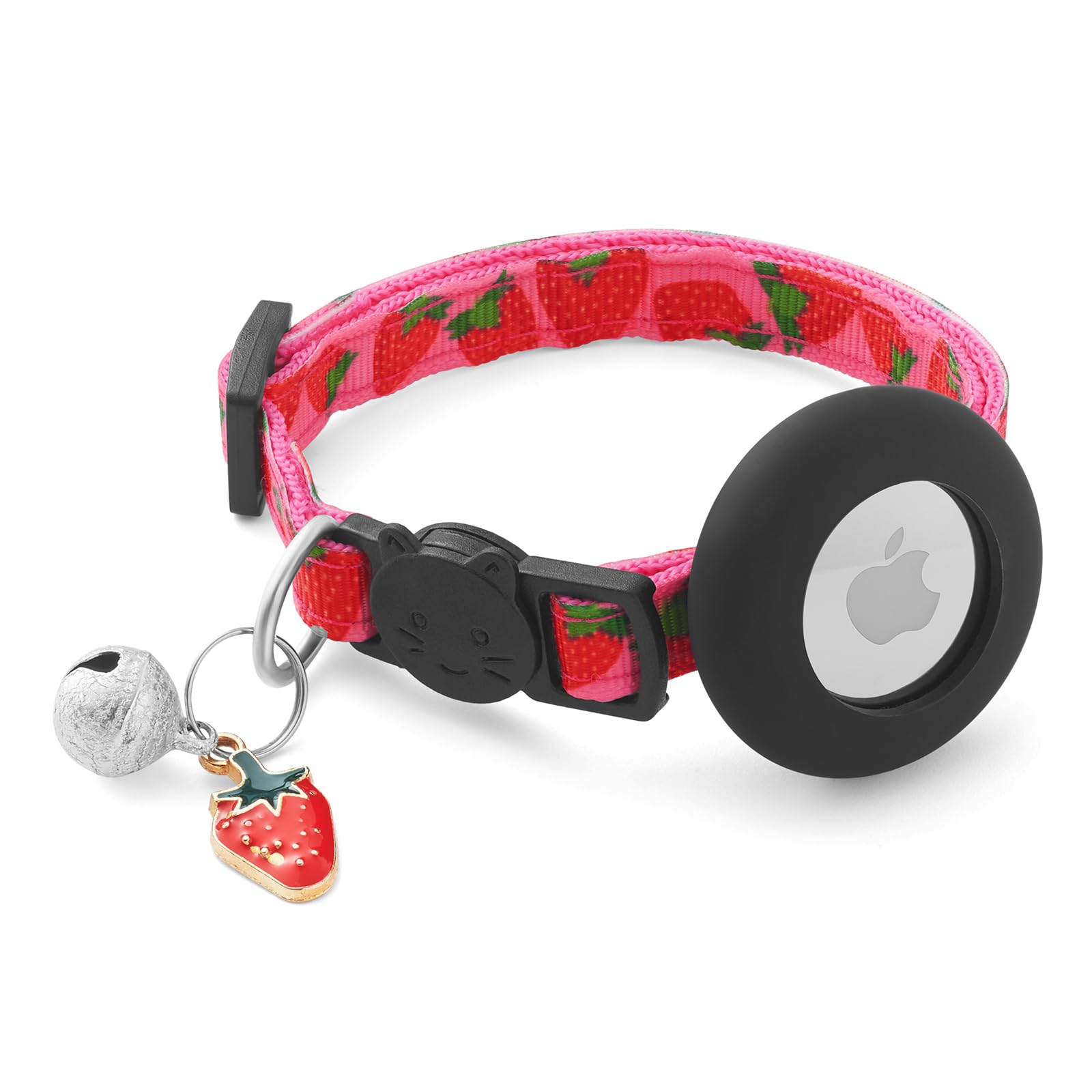Airtag Cat Collar Breakaway with Bells & Fruit Pendants,Safety Kitten Collar with Apple Air Tag Holder and for Girl Boy Cats,Pet Accessories,Gifts(Strawberry)