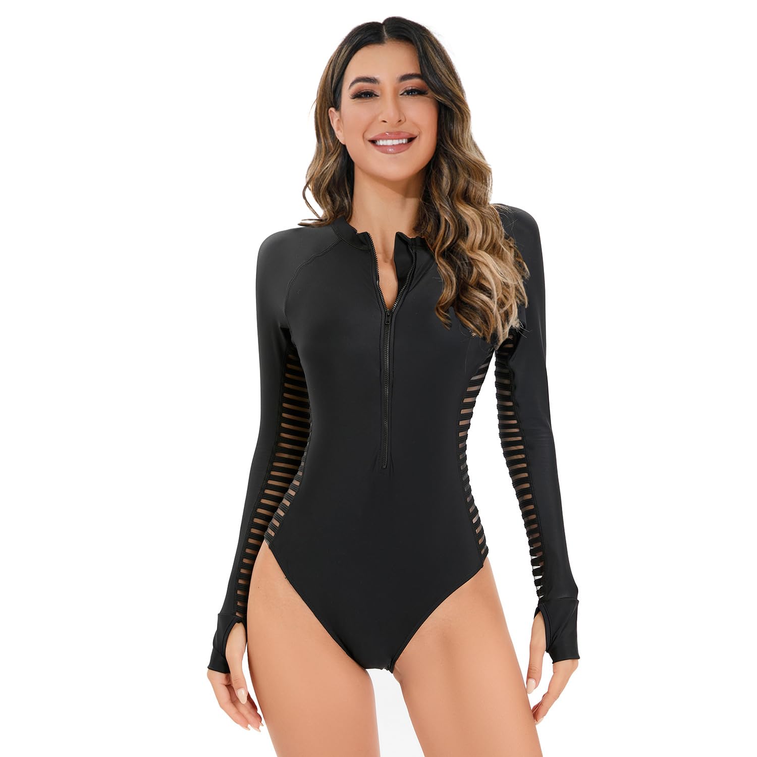 Ropa de Surf con Cremallera para Mujer Traje de Baño de Manga Larga Protectores contra Erupciones Recreativas de Una Pieza Traje de Baño — view 59