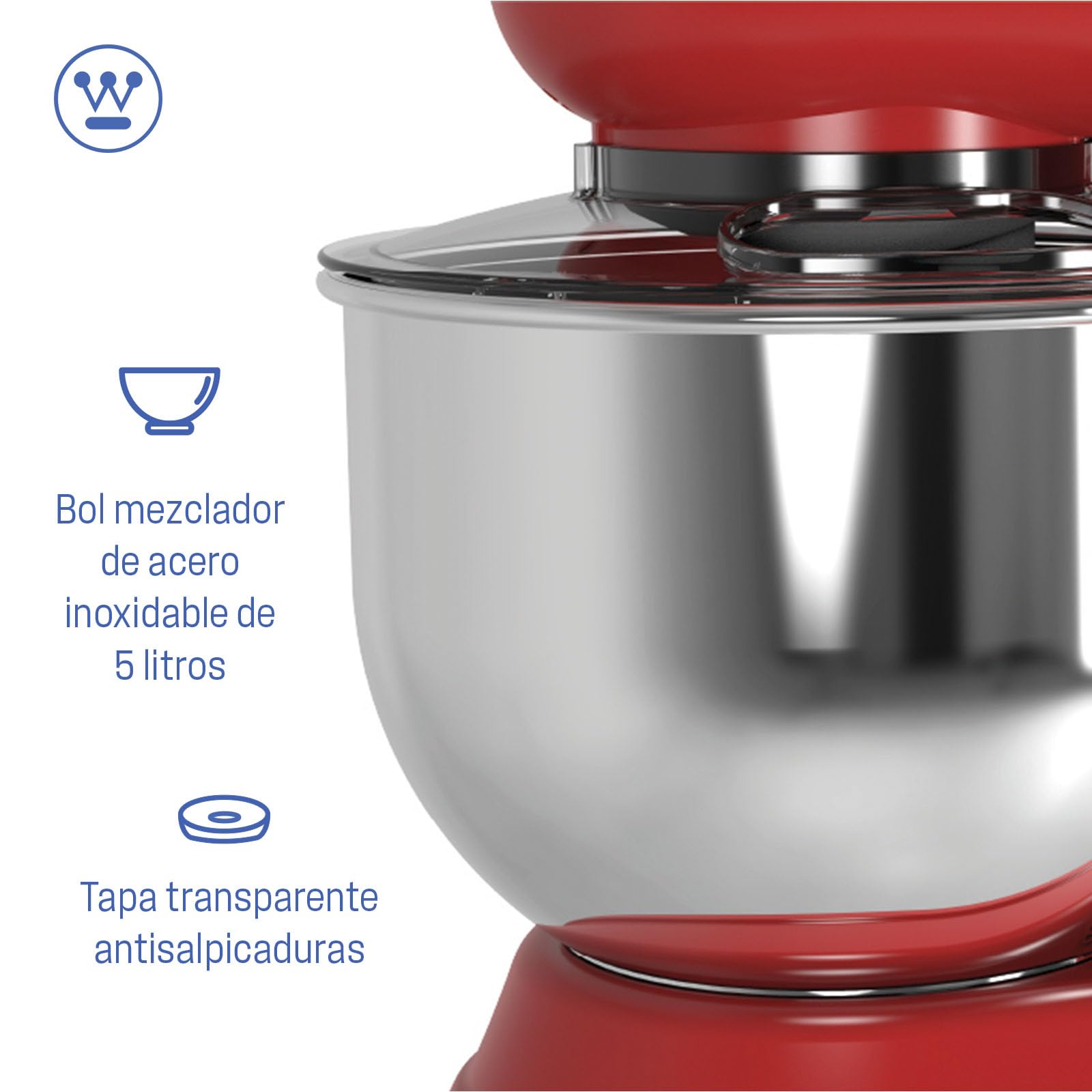Westinghouse Batidora de pie Retro - 1200W - Tazón de cocina 5L - Robot de cocina - Batidora de cocina - Procesador de alimentos - Rojo