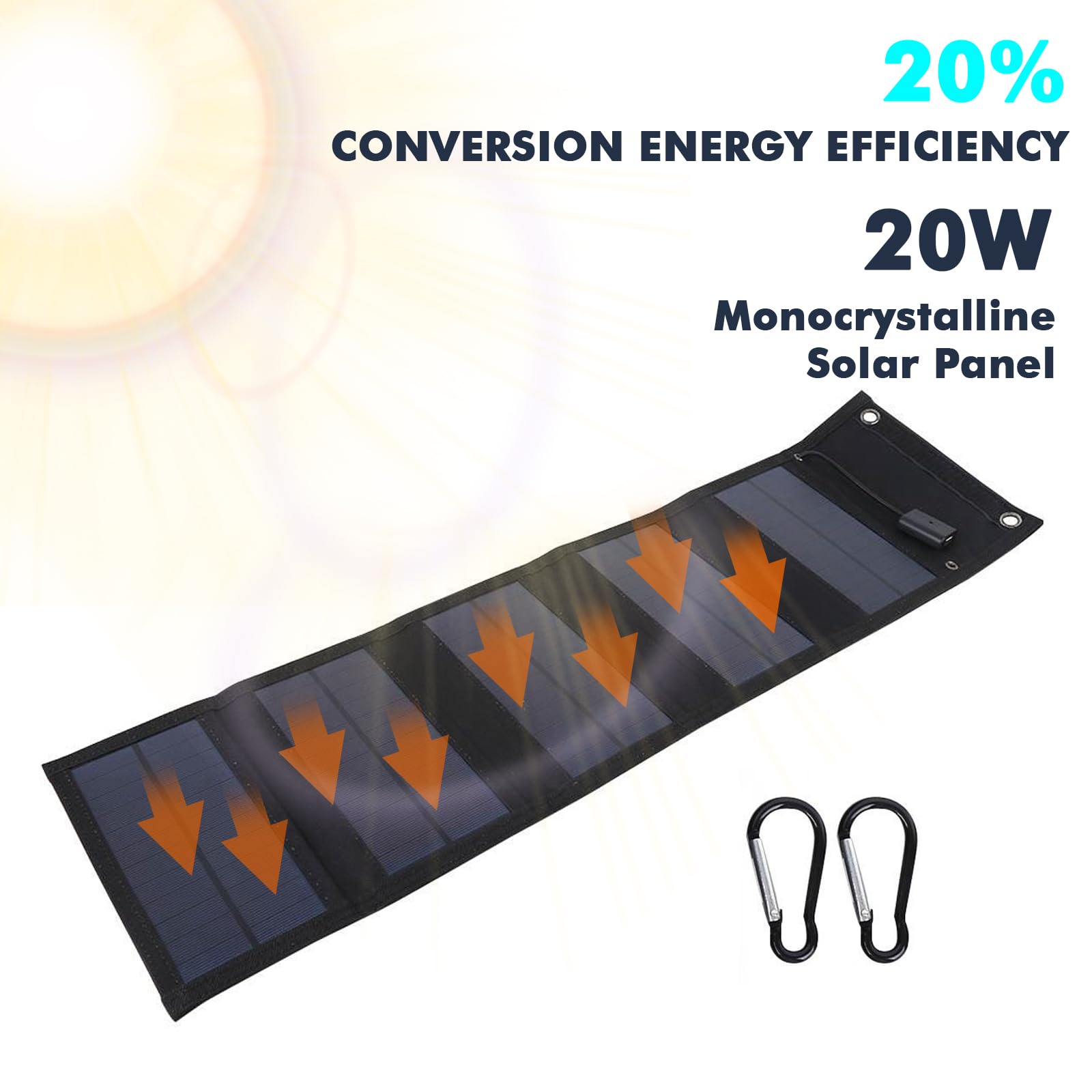 BuyWeek Pannello Solare 20W, Pannello Solare Portatile e Pieghevole Pannelli Solari Caricatore con Porte USB, Impermeabile IP65, per Escursioni, Campeggio Compatibile Telefono, Laptop, Tablet