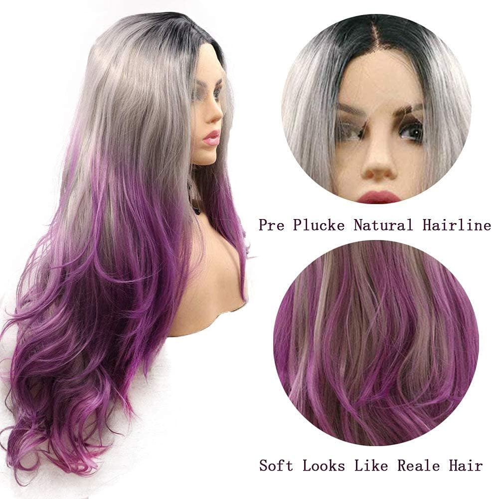 AFBeauty Grey Purple Lace Front Wig for Women Synthetic Long Wavy Colorful Pre Plucked Wig with Black Root Heat Resistant Fiber Cosplay Makeup Drag Queen Soft Wig - Image 5