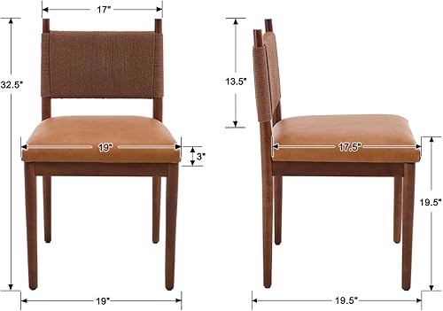 Miniatura 2 de EALSON Juego de 2 sillas de comedor de ratán tapizadas de cuero con patas de madera de nogal y respaldo tejido, sillas de cocina modernas de
