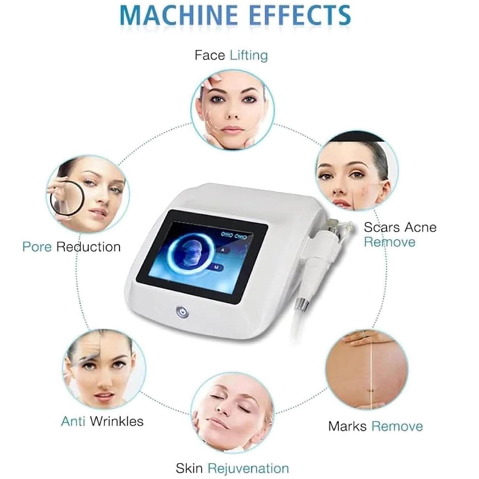 Máquina de Microagujas RF Fraccional, Máquina de Microagujas de Radiofrecuencia Reparación de Cicatrices Rejuvenecimiento de la Piel para Ojos con 4 Cabezales y 2 Mango