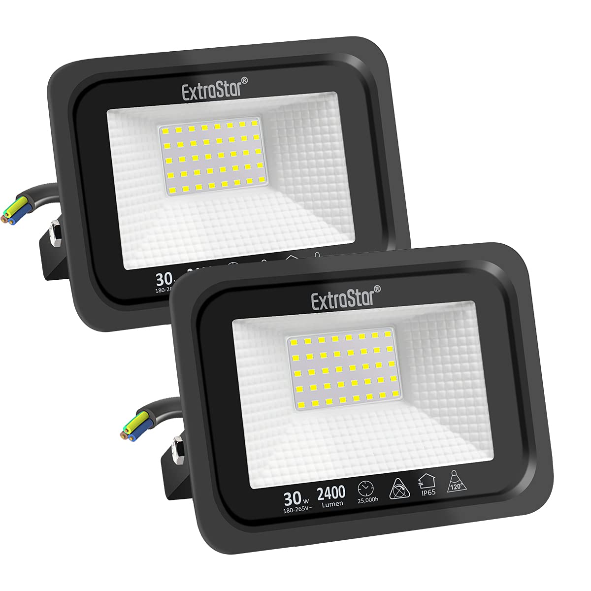 EXTRASTAR 30W LED Strahler Außen 2 Stücke,2400LM 6500K Kaltweiß Superhell Außenstrahler, IP65 Wasserdicht LED Fluter, Außenlampe für Garten, Innenhöfe, Garage, Hotel, Sportplatz