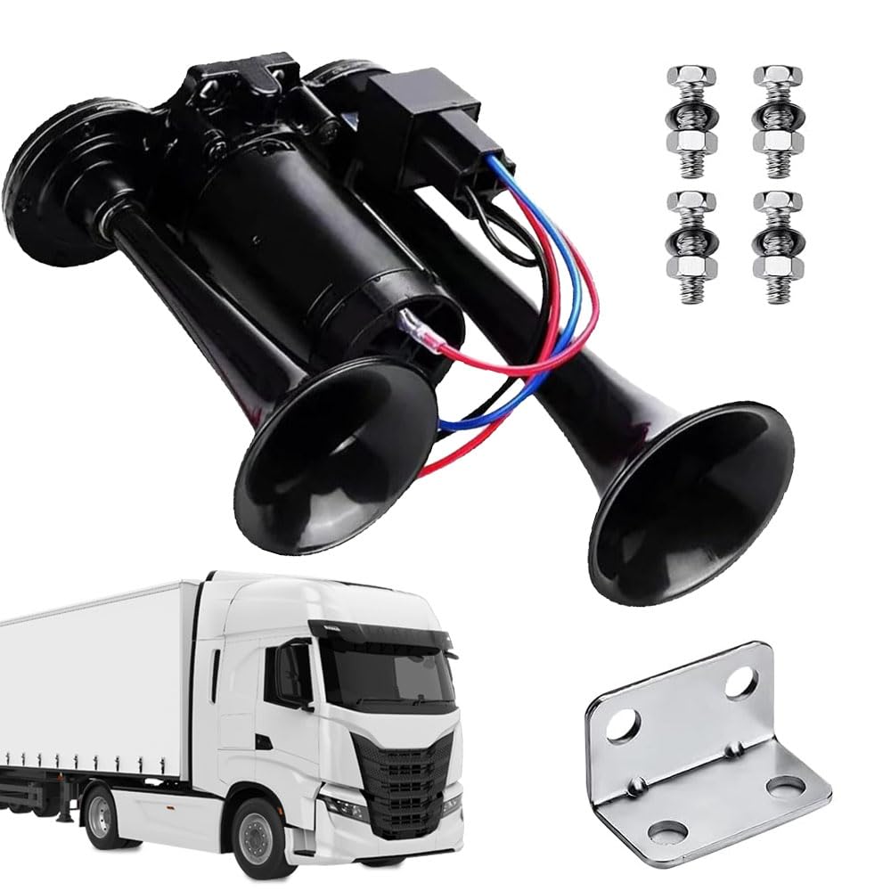 Bocina de Coche 12 V, Doble Tubo Aire Cuerno Kit, Cuerno Camión 12V, Bocina de Aire de Compresor, para Cualquier 12 V vehículos Lorrys Camiones Trenes Barcos Coches