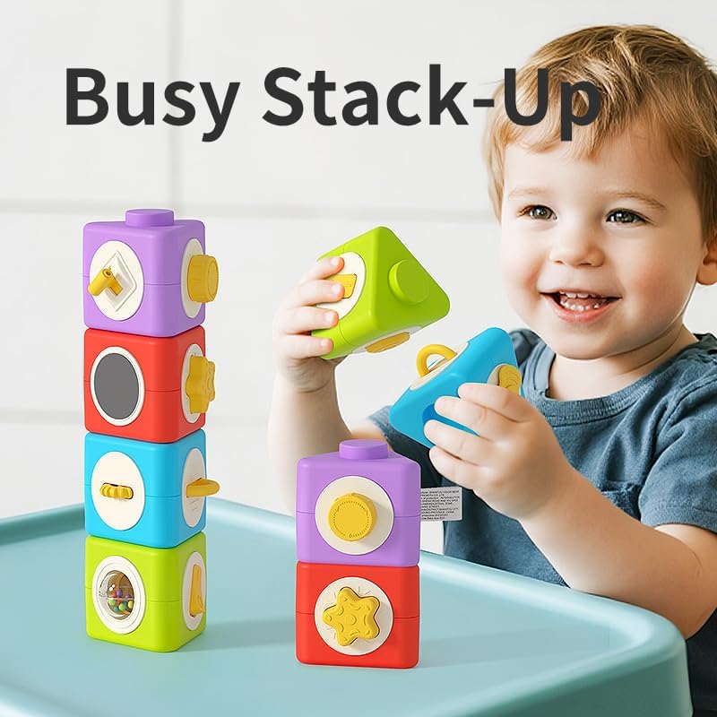 Baby Toys Busy Stack-Up Activity Cube, 12-in-1 Sensory Stacking Puzzle for Toddlers 0-2 Years, Educational Montessori Toy for Airplane & Car Travel