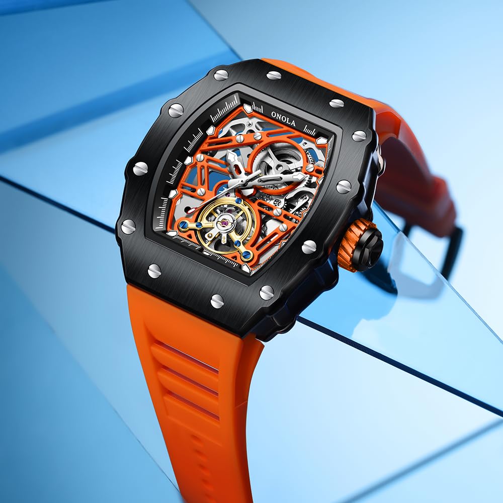 Tonneau, orologio da polso da uomo, completamente automatico, con timone, volano, orologio meccanico Tourbillon, scheletro, impermeabile, alla moda