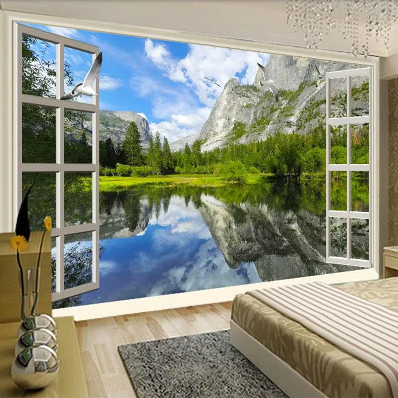 Papel de parede 3D de fenêtre avec paysage de lac et montagne pour salon