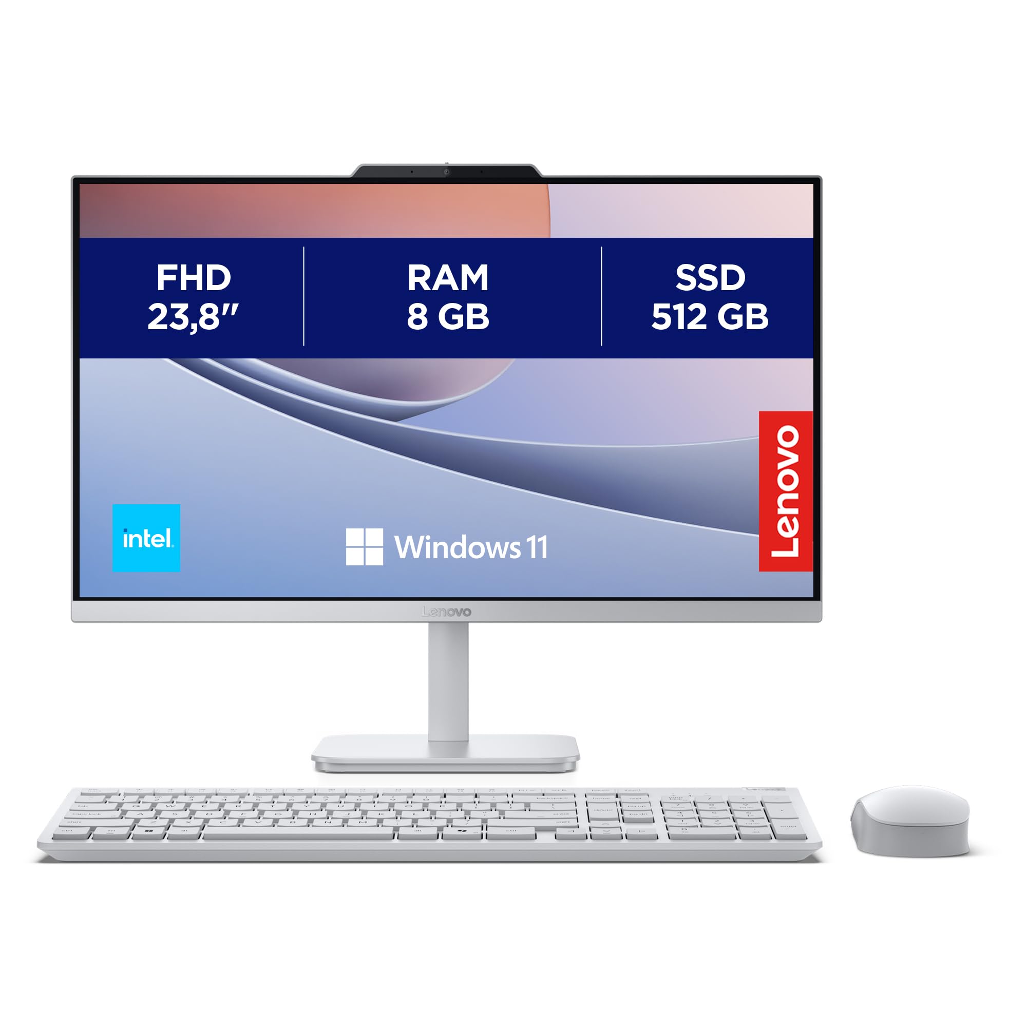 Lenovo A100 All-In-One, Display 24" FHD, Intel N100, 512GB SSD, RAM 16GB, 2Wx2 Audio Speakers, WiFi 6, Windows 11 Home, Tastiera + Mouse Wireless - Cloud Grey
