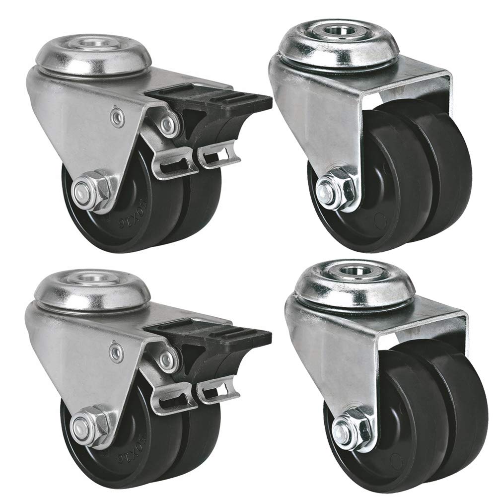 Rotelle di mobili 2 pollici 50mm Collo vuoto ruote piroettanti Foro del bullone M10 Doppie ruote con freno Nylon Robusto 300kg Silenzioso perno universale Carrello tavolo sedia culla Mensola 4 pcs