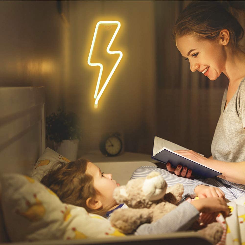 Luz de noche LED de neón, Letreros de neón en forma de rayo Luz de noche decorativa de pared Batería y USB alimentado para decoración del hogar (Blanco cálido)