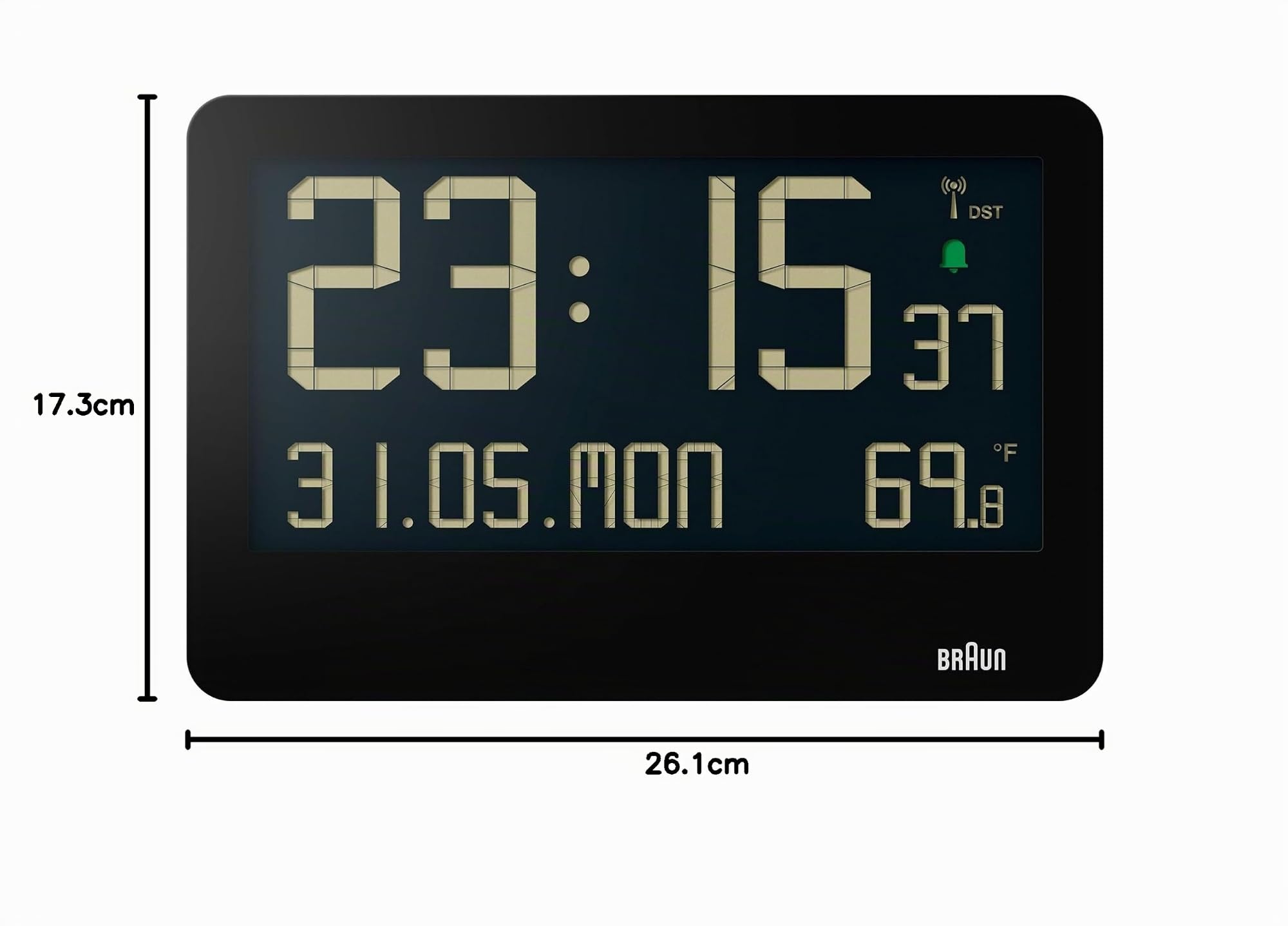 Braun Orologio da Parete Digitale Radiocontrollato con Ora dell'Europa Centrale (DCF) con Temperatura, Data, Giorno, Ampio Display LCD Reverso, Allarme Acustico Crescendo in Bianco, Modello BC14B-DCF