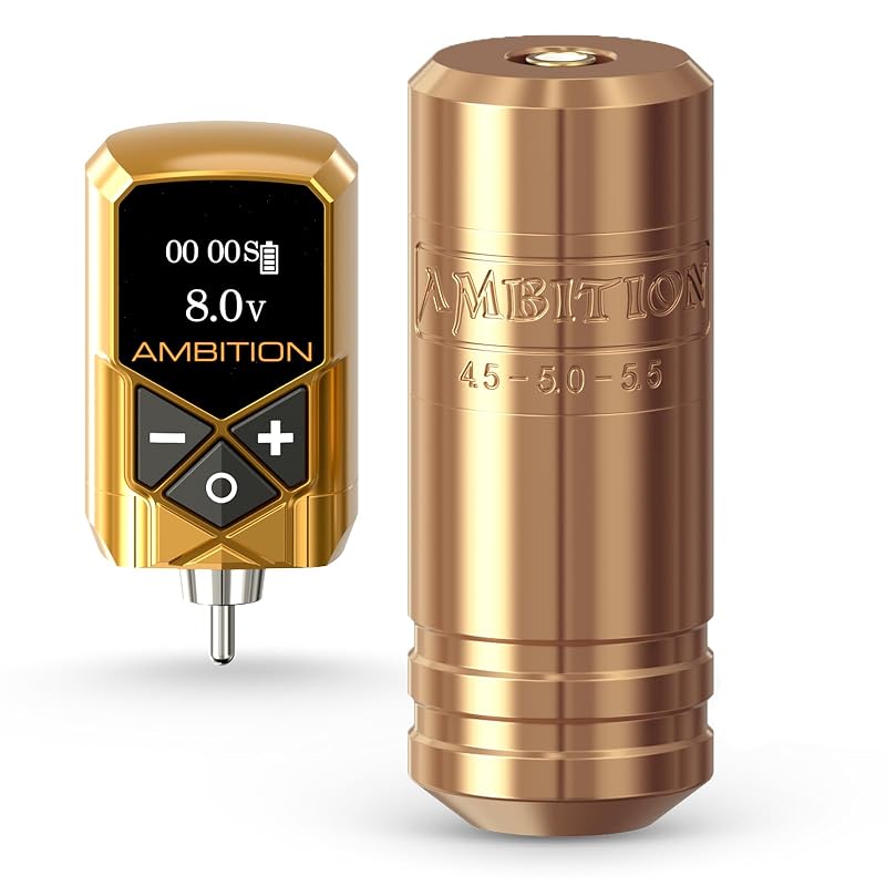 Ambition Torped Máquina Caneta Rotativa para Tatuagem 36 mm com Kit de Bateria Kuark sem Fio 2400 mAh, Curso de 5,5 mm, Dourada