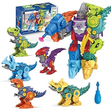 PATPAT Dinosaur Toys for Kids, Dinosaur Robot Distortion Toy STEM Construction Building Toys for Kids, 5 PCS Dinosaur Toy with Screwdriver Assembling Building Blocks Gifts for 3 - 8 Year Old Kids