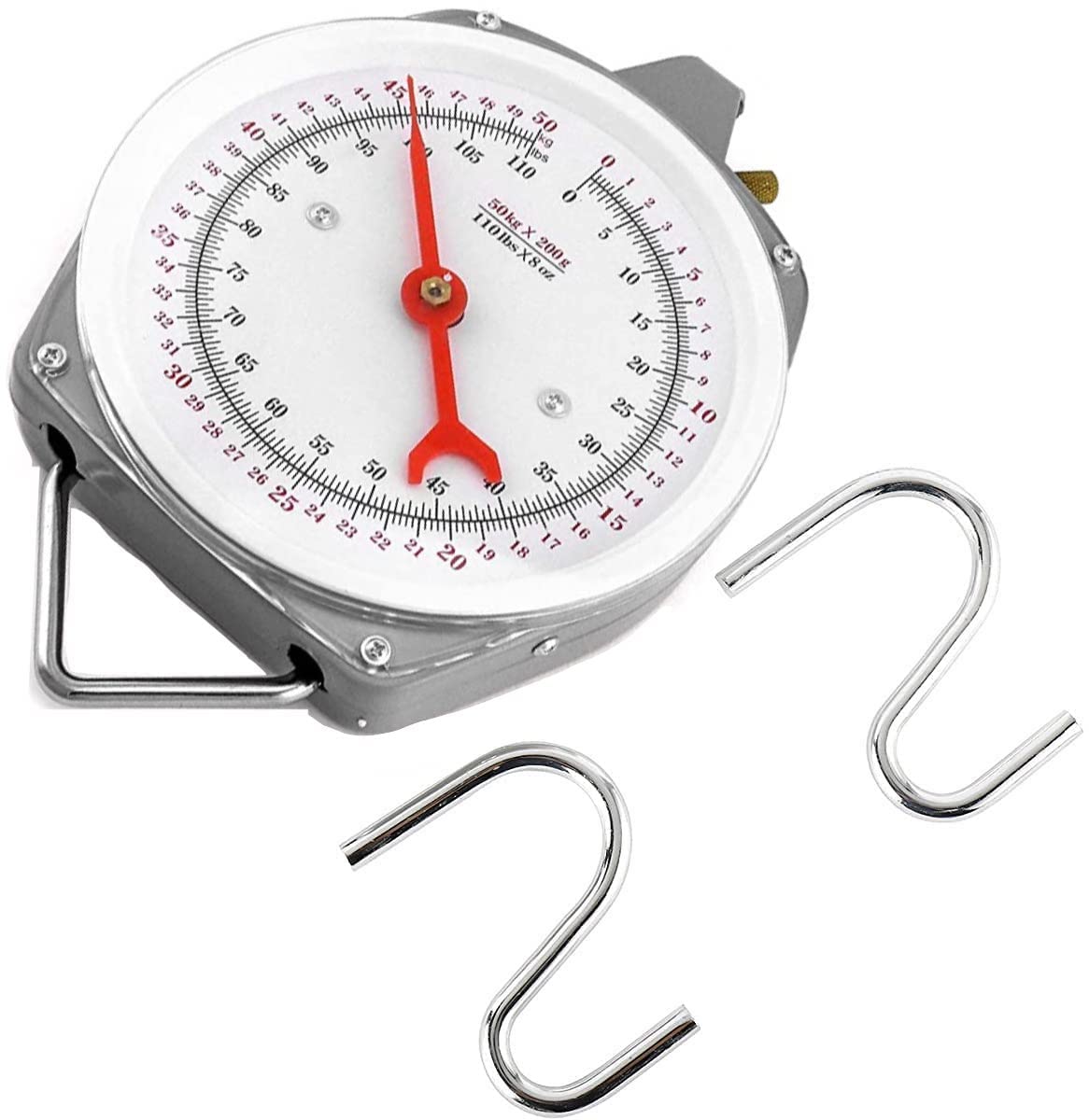 Hanging Spring Dial Scale 110lb/50kg Big Game Scale，Hanging Scale with 2 S-Hooks for Kitchen Fishing Hunting (Easy to Read Dial)