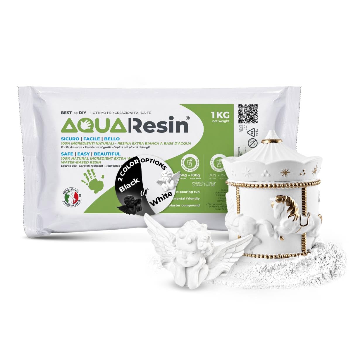 Aqua Resin® – Alpha Plaster (Mineral Resin) | Satin Porcelain Effect, Ready with Water Only, Safe and Non-Toxic, White or Black and Tintable, for DIY, Molds, Creative Objects (White, 1 kg)