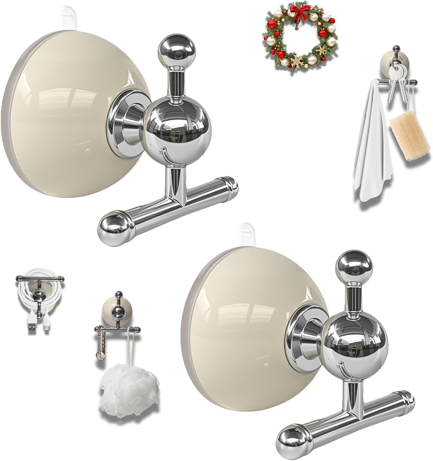 T-Bar Suction Cup Hooks for Shower – Suction Cup Wreath Hanger for Front Door, Reusable, Multifunctional Hooks for Bathroom Window Door Glass Kitchen (White, 2-Pack)